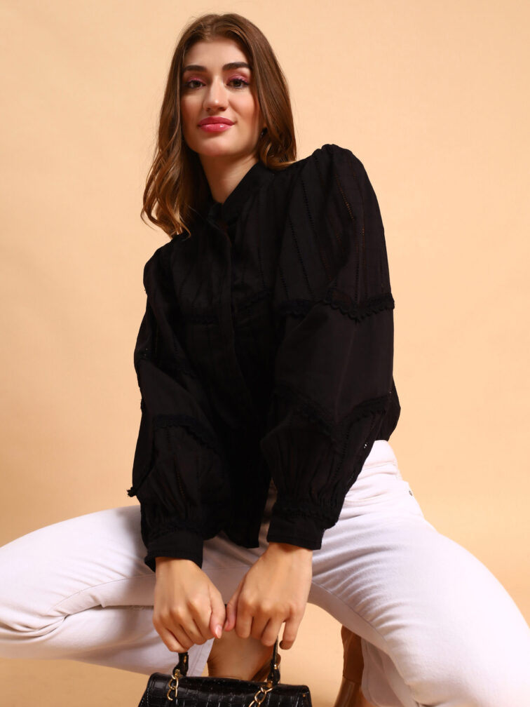Amagyaa Women's Black Schiffli Shirt Style Top