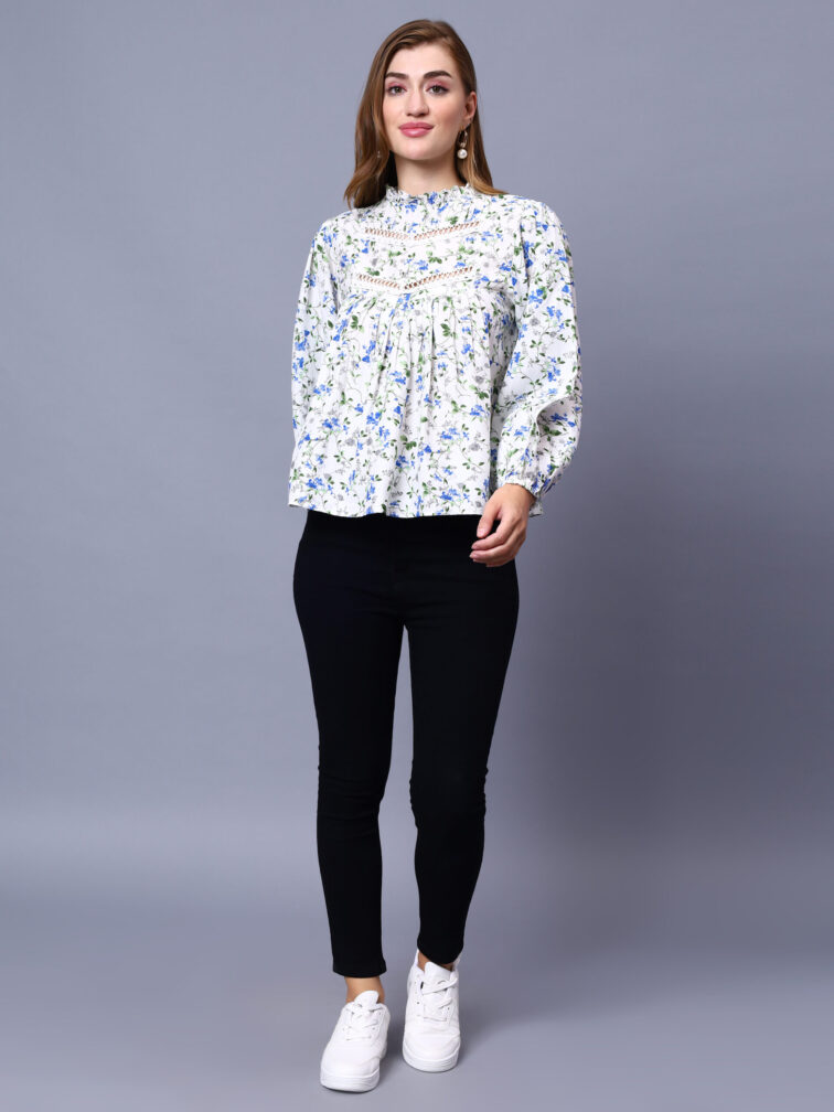 White Floral Printed Top