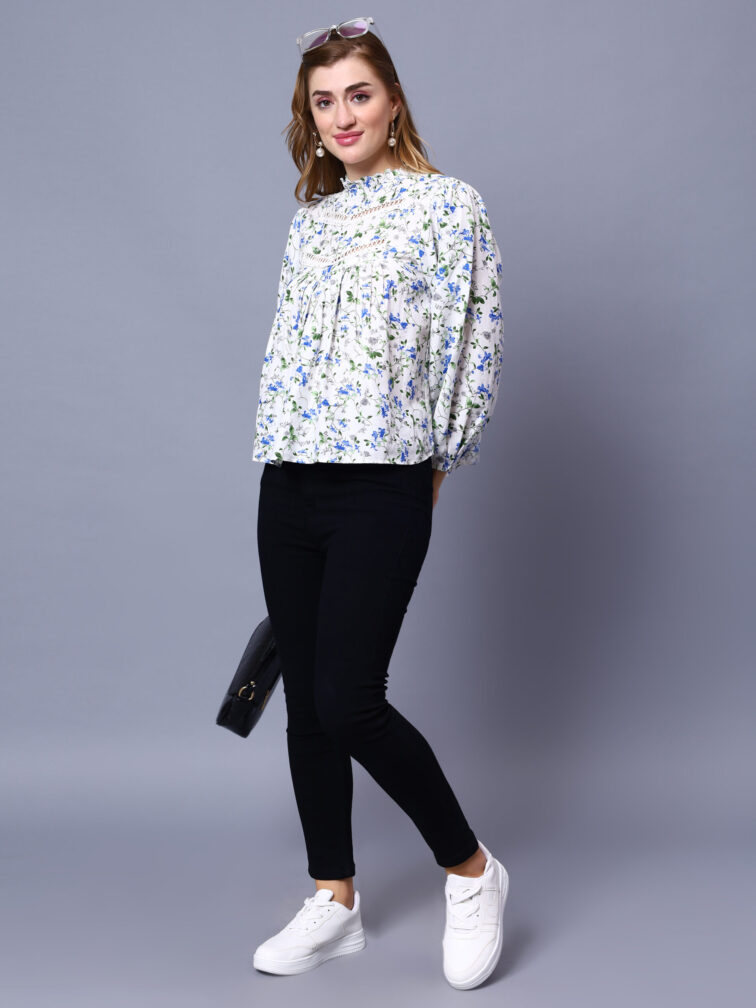White Floral Printed Top