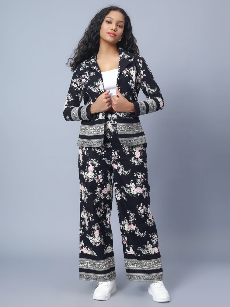 Black Floral Printed Tops & Trouser Co Ord Set