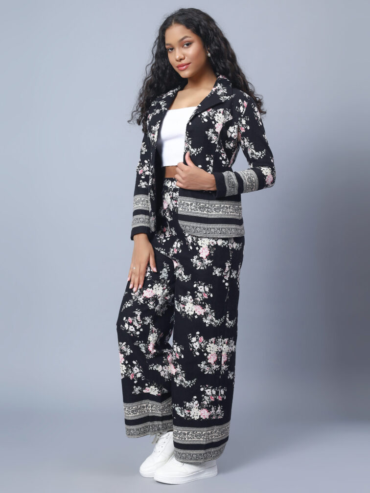 Black Floral Printed Tops & Trouser Co Ord Set