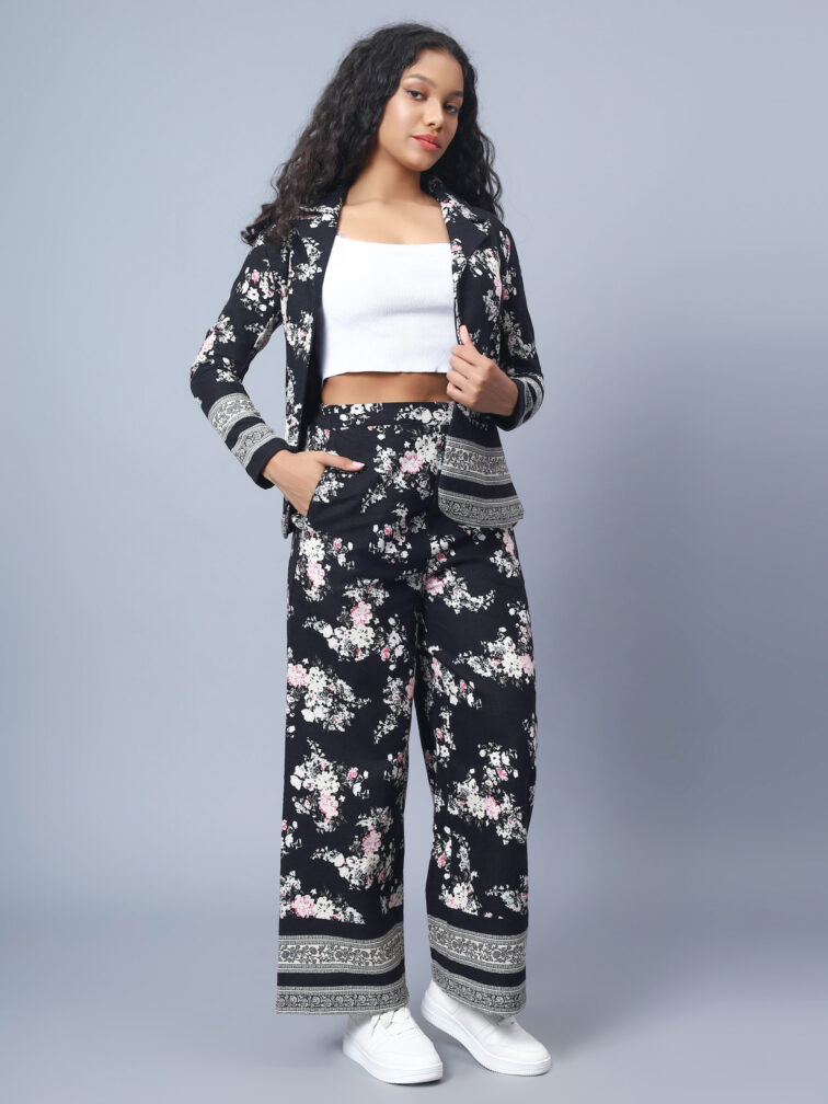 Black Floral Printed Tops & Trouser Co Ord Set