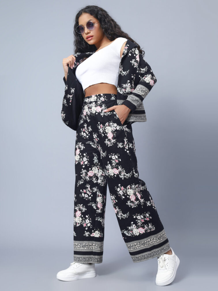 Black Floral Printed Tops & Trouser Co Ord Set