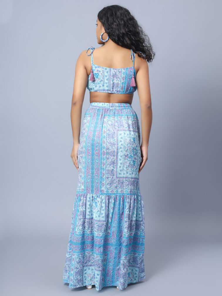 Women Blue Printed Top & Skirt Co Ord Set