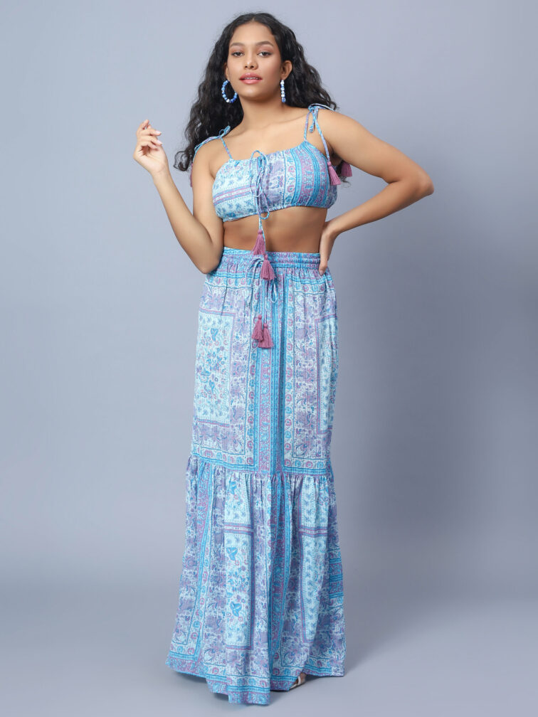 Women Blue Printed Top & Skirt Co Ord Set