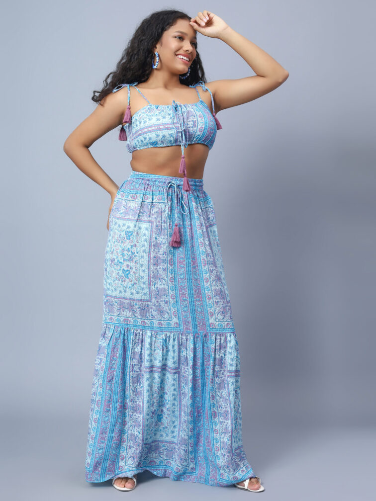 Women Blue Printed Top & Skirt Co Ord Set