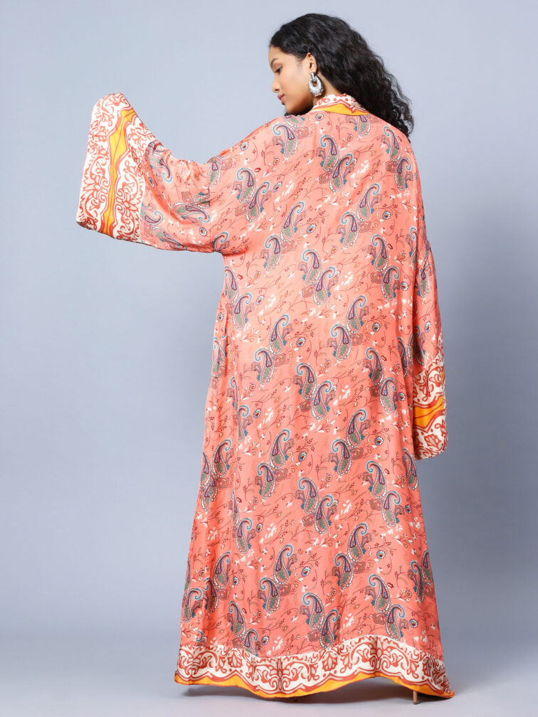 Viscose Satin Crepe Paisley Printed Longline Kimono Shrug