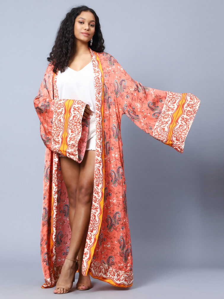 Viscose Satin Crepe Paisley Printed Longline Kimono Shrug