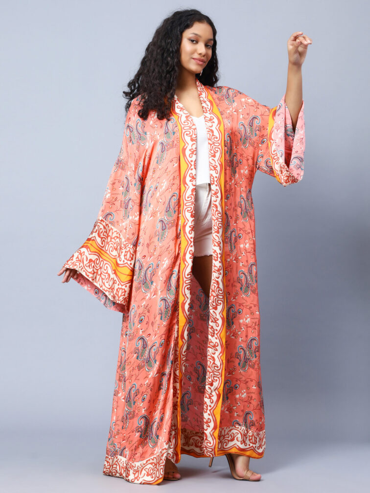 Viscose Satin Crepe Paisley Printed Longline Kimono Shrug