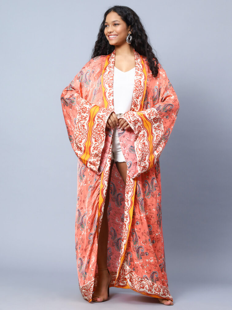Viscose Satin Crepe Paisley Printed Longline Kimono Shrug