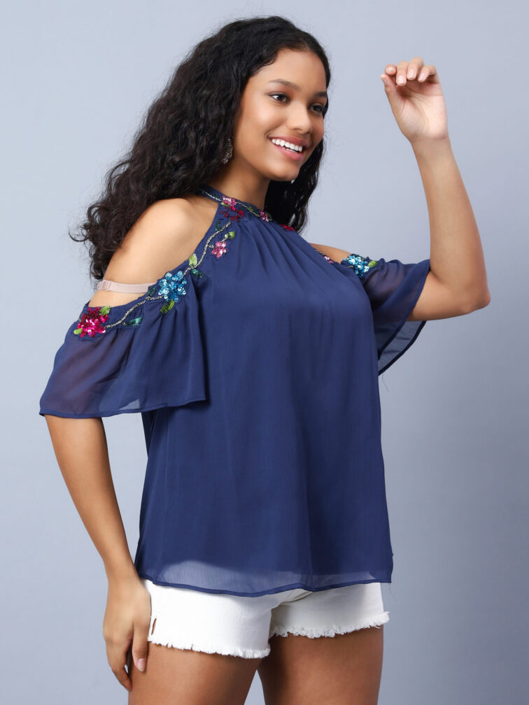 Women Navy Color Embellished Top