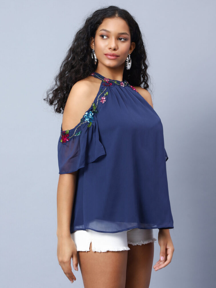 Women Navy Color Embellished Top