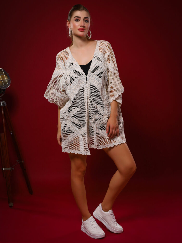 White Cotton Net Lace Patchwork Front Open Shrug