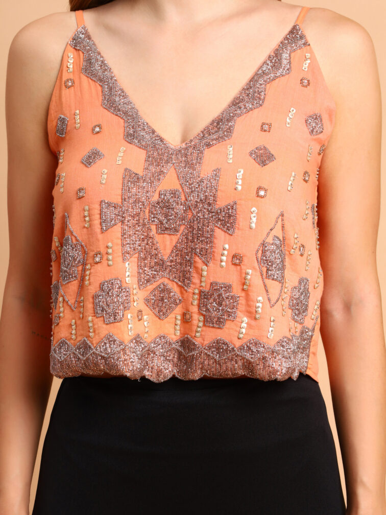 Orange Color Embroidered V Neck Sleeveless Top