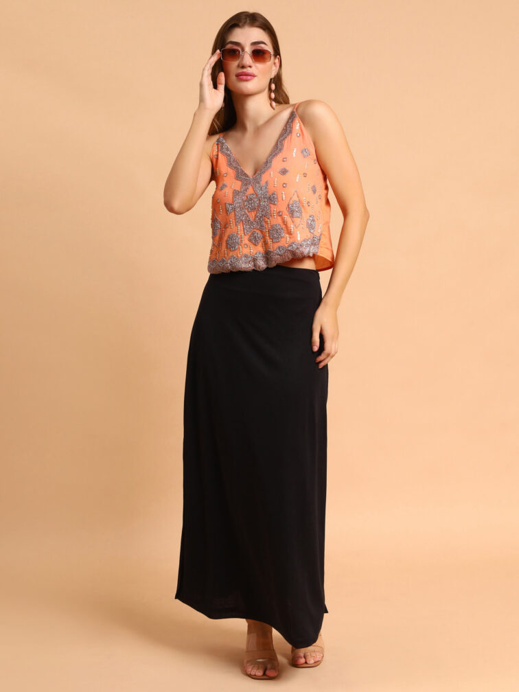 Orange Color Embroidered V Neck Sleeveless Top