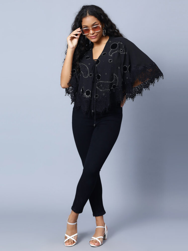 Black Embroidered Embellished Shrug