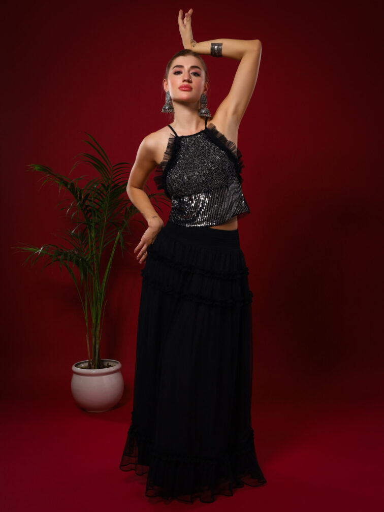 Black Embellished Adda Work Crop Top