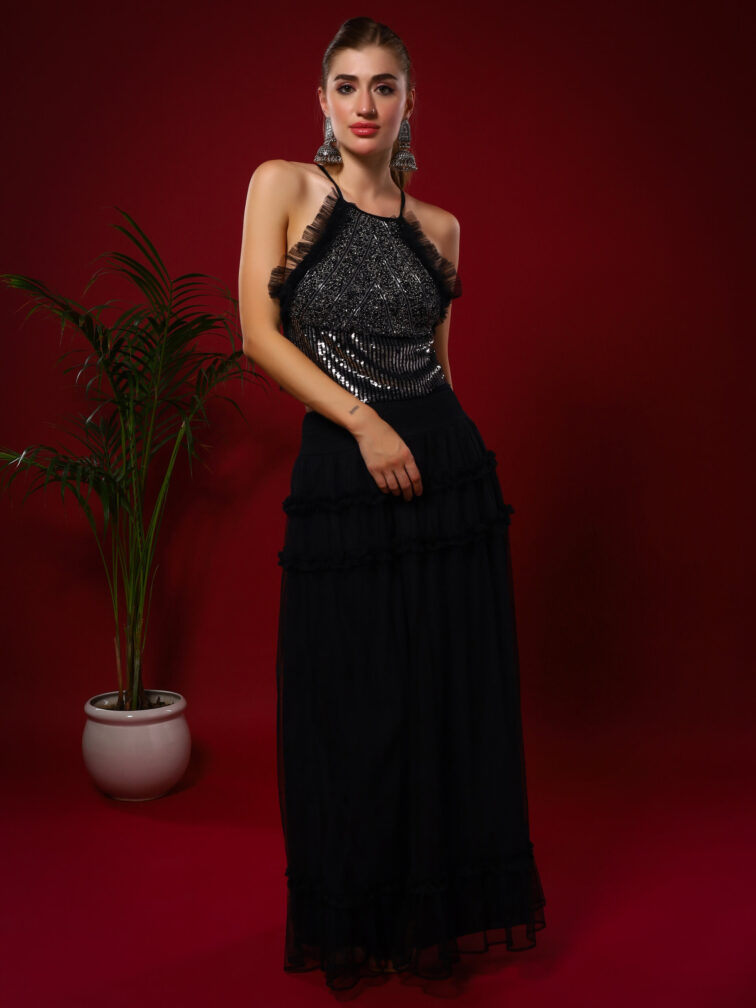 Black Embellished Adda Work Crop Top