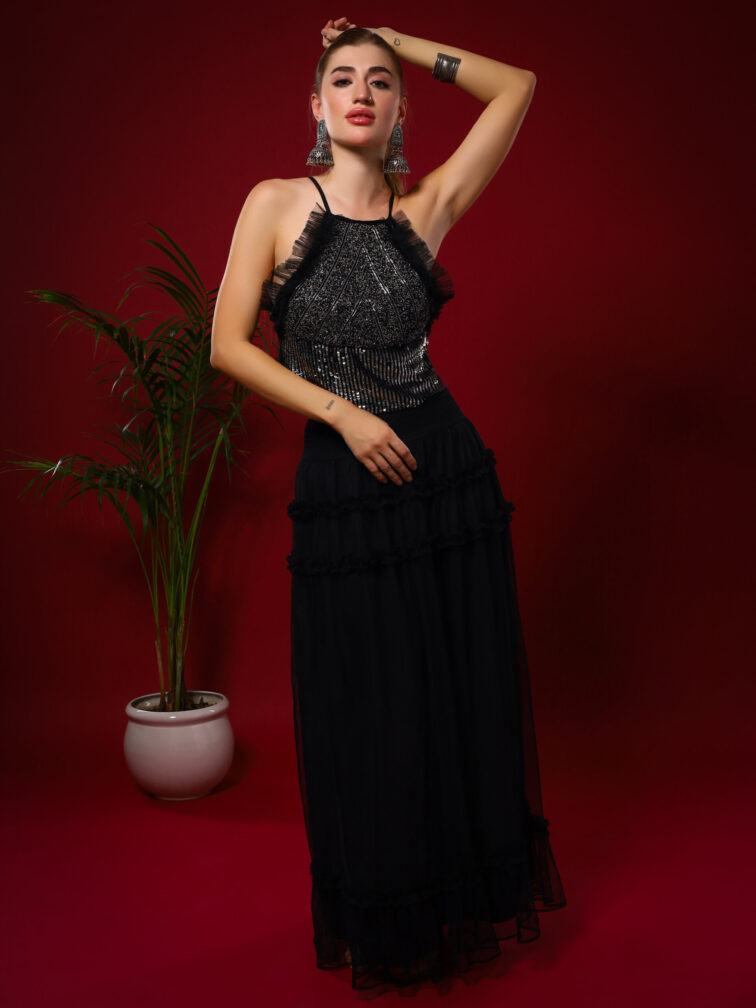 Black Embellished Adda Work Crop Top