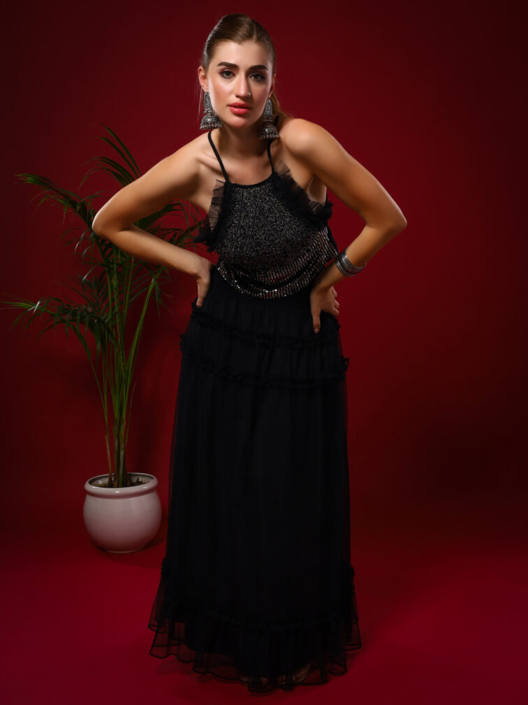 Black Embellished Adda Work Crop Top