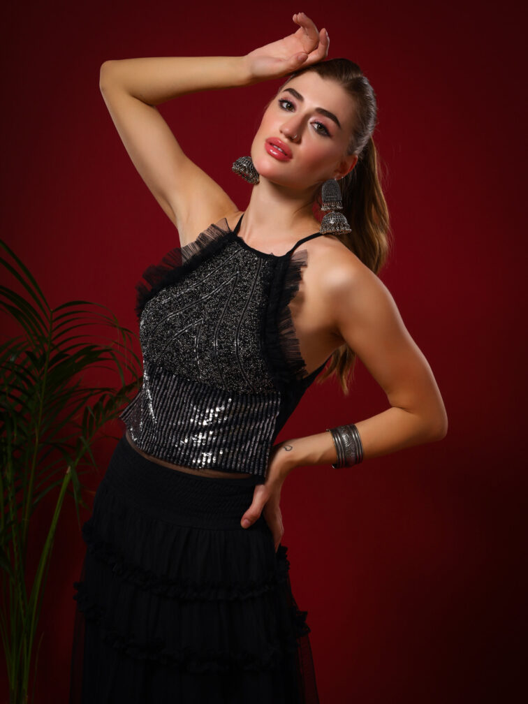 Black Embellished Adda Work Crop Top