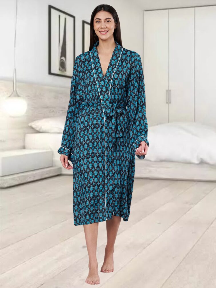 AMAGYAA WOMEN'S PREMIUM BLUE FLORAL PRINTED BATHROBE