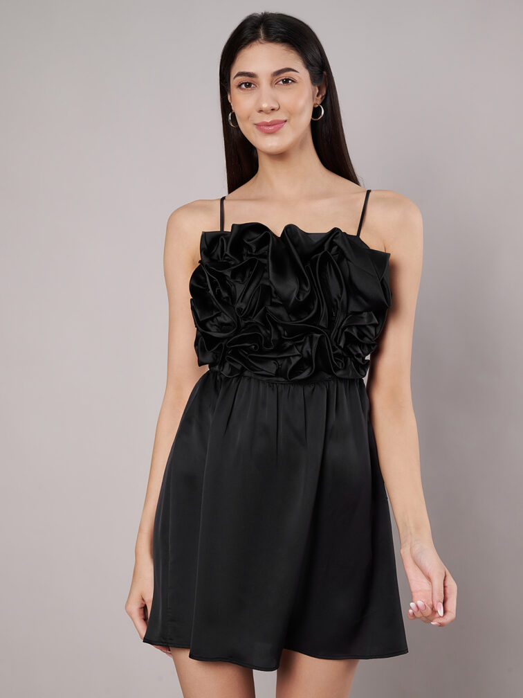 Women's Black 3D Flower Mini Dress