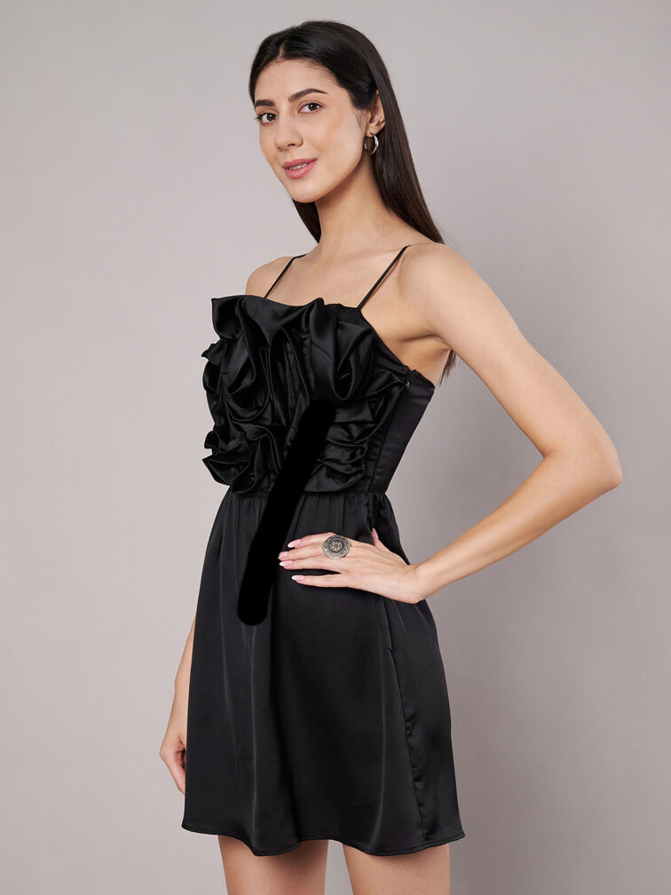 Women's Black 3D Flower Mini Dress