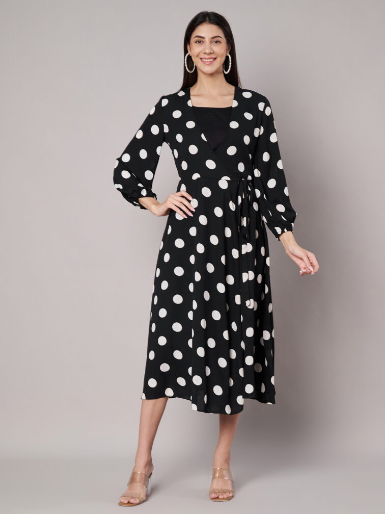 Women Black Polkadot Wrap Dress