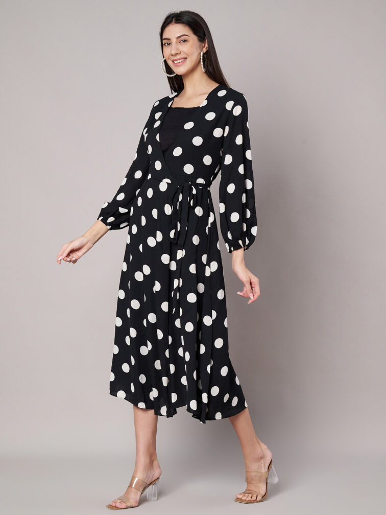 Women Black Polkadot Wrap Dress