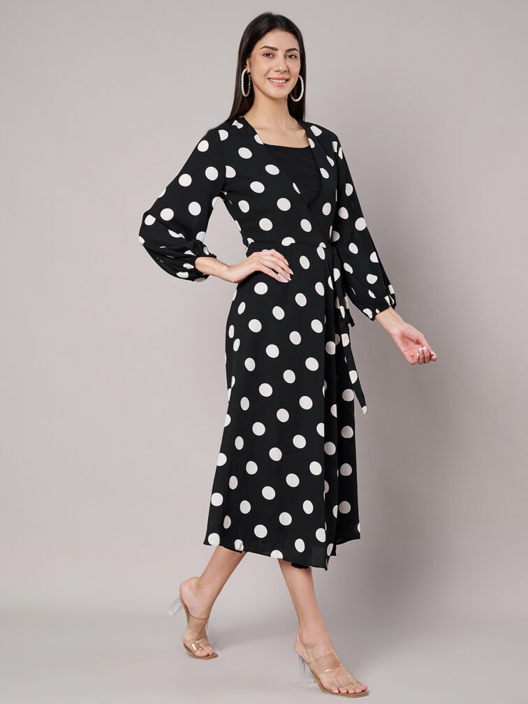 Women Black Polkadot Wrap Dress