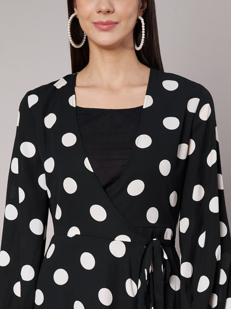 Women Black Polkadot Wrap Dress