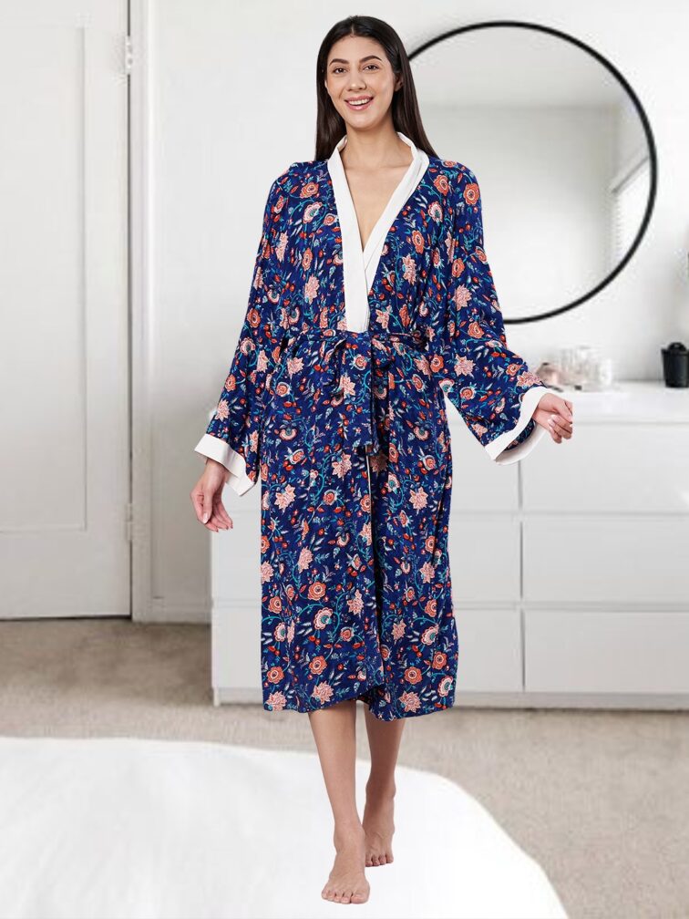AMAGYAA WOMEN PREMIUM NAVY FLORAL PRINTED BATHROBE