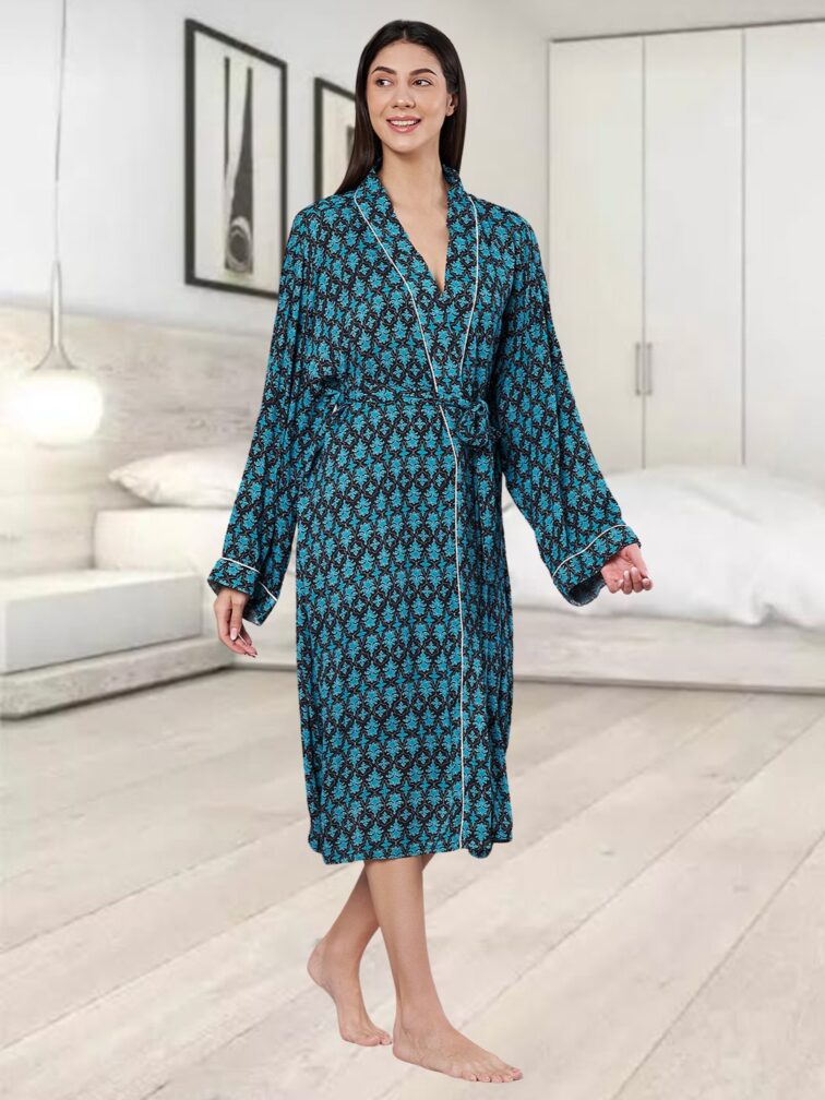 AMAGYAA WOMEN'S PREMIUM BLUE FLORAL PRINTED BATHROBE