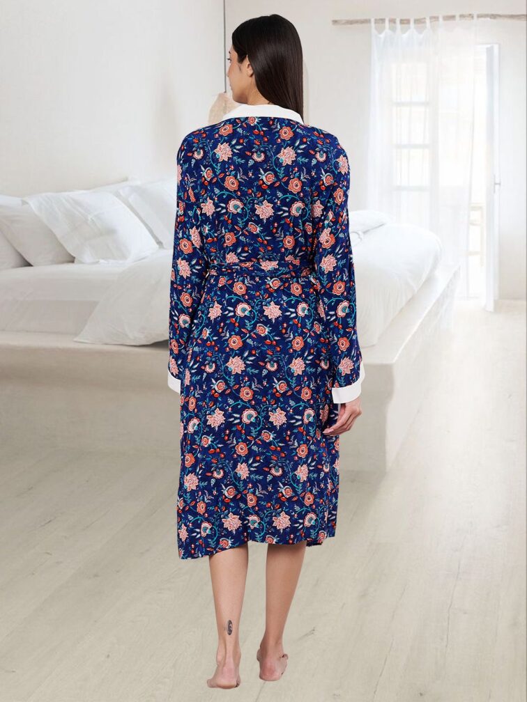 AMAGYAA WOMEN PREMIUM NAVY FLORAL PRINTED BATHROBE