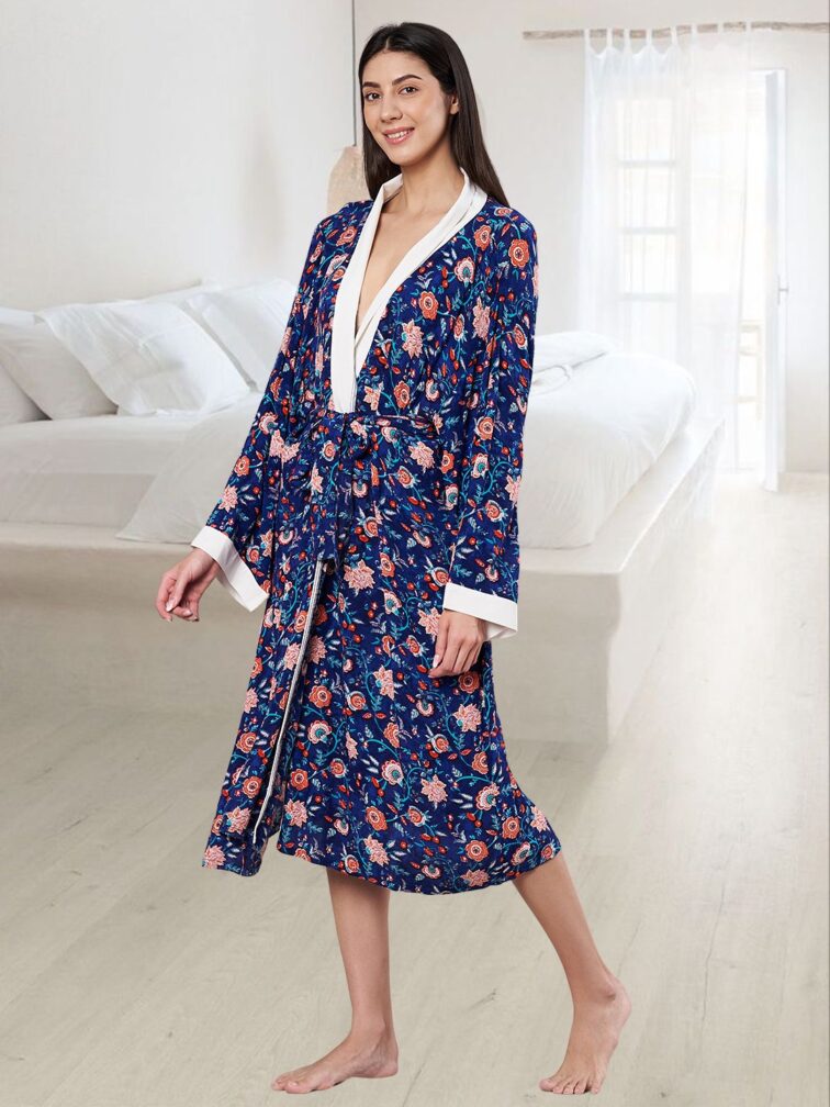 AMAGYAA WOMEN PREMIUM NAVY FLORAL PRINTED BATHROBE