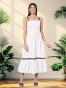 Women's White Cotton Fit & Flare Midi Dress