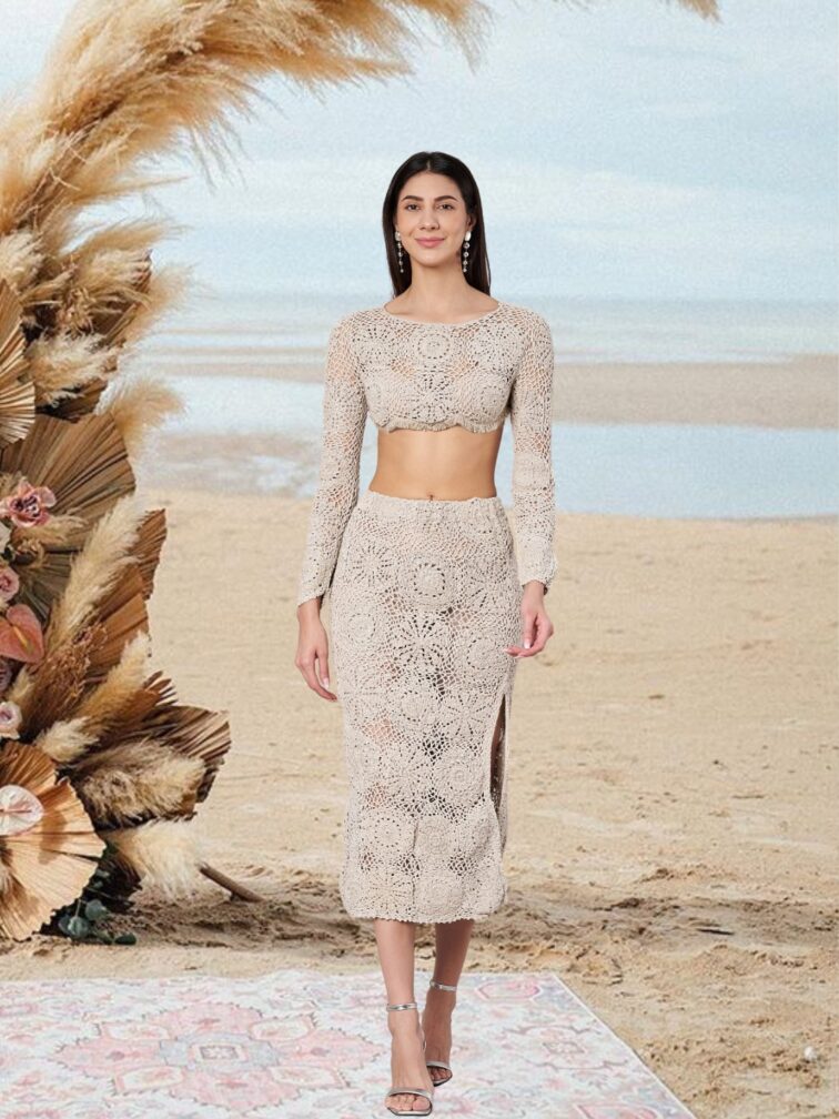 Silver Crochet Fringe Crop Top & Pencil Skirt Co Ord set
