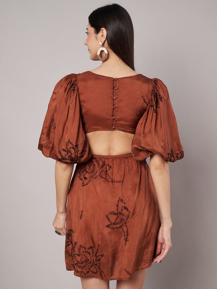 Rust Embellished Cut-Out Mini Dress