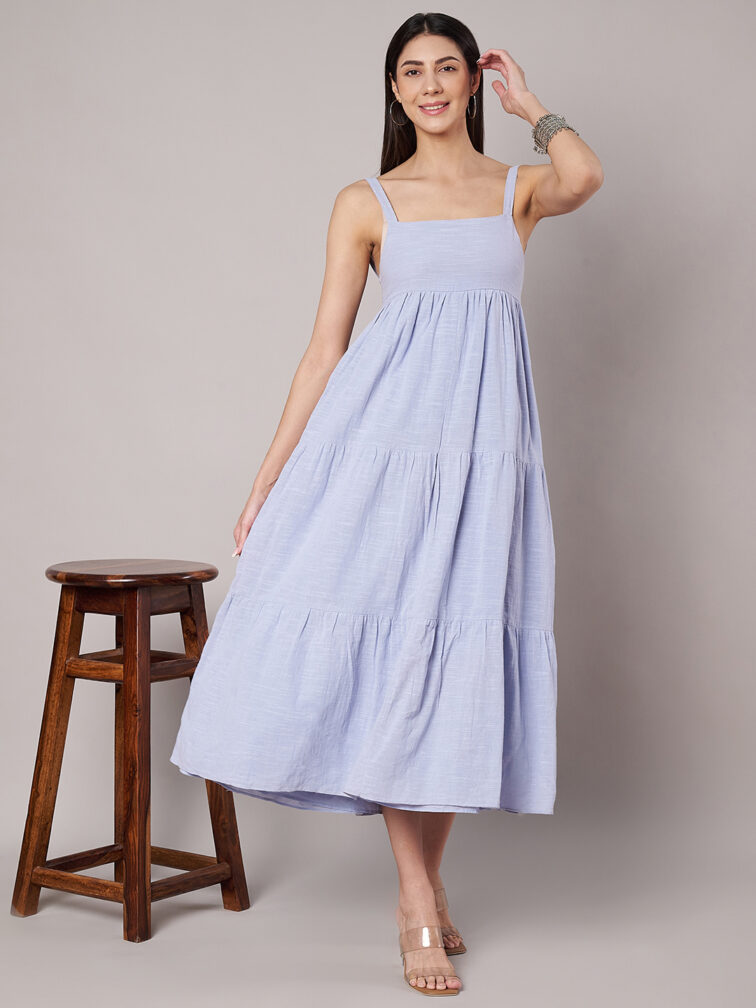 Women Cotton Fit & Flare Blue Maxi Dress