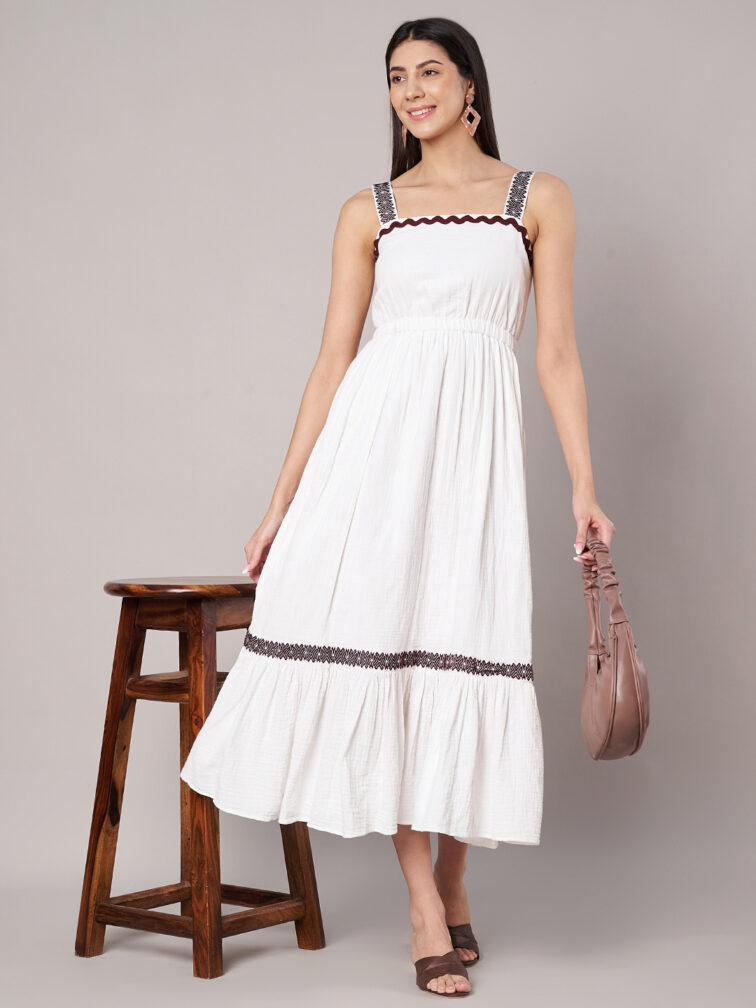 Women White Shoulder Strap Maxi Dress