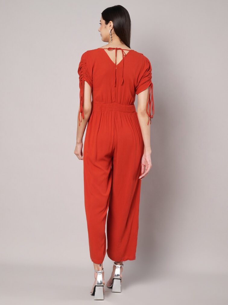 Brick Red V Neck Embellished Jumpsuit