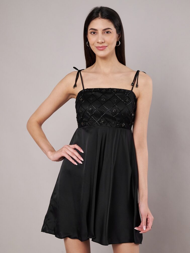 Women's Black A-Line Mini Dress With Embellishment