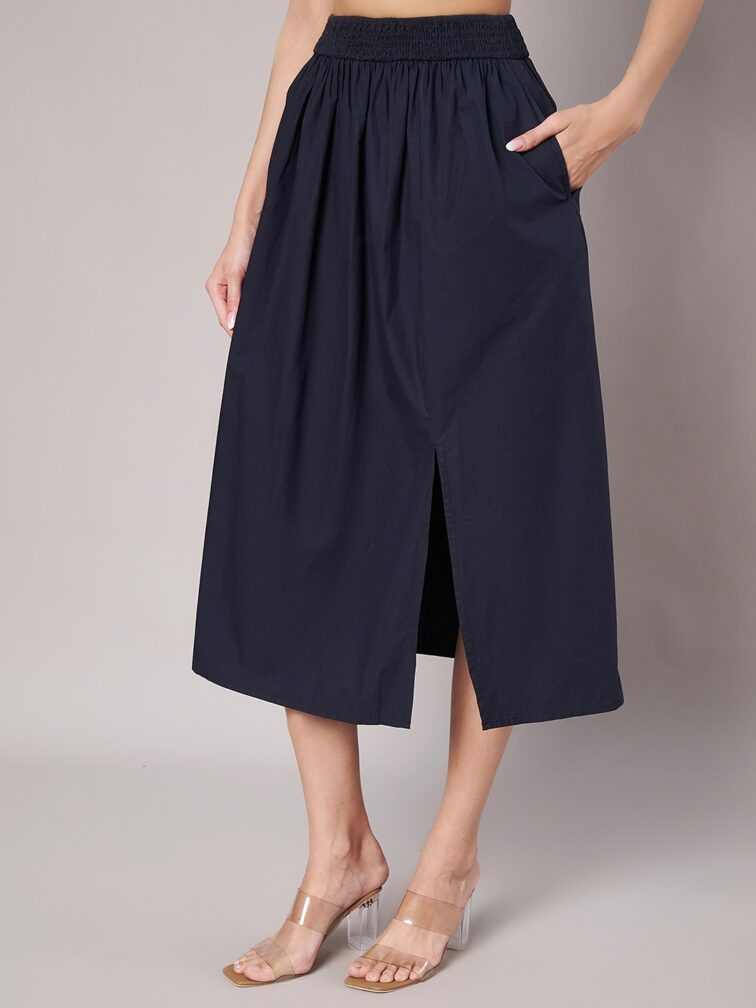 Solid Navy Tie-Up Crop Top & Cotton Midi Skirt Set