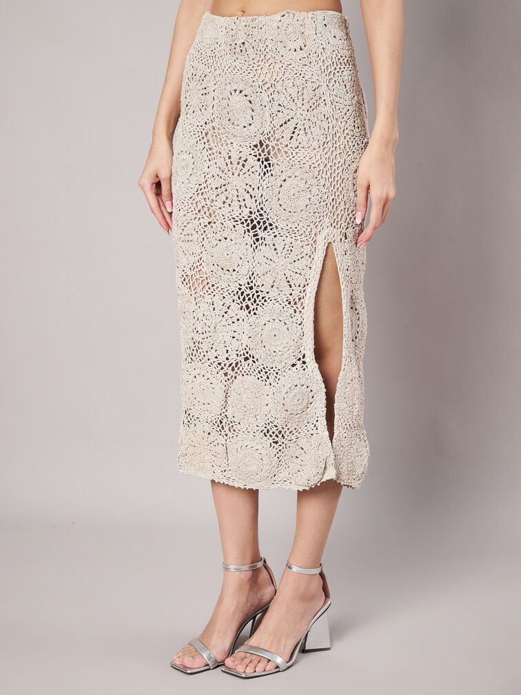 Shimmering Silver Crochet Fringe Crop Top & Pencil Skirt Co Ord set