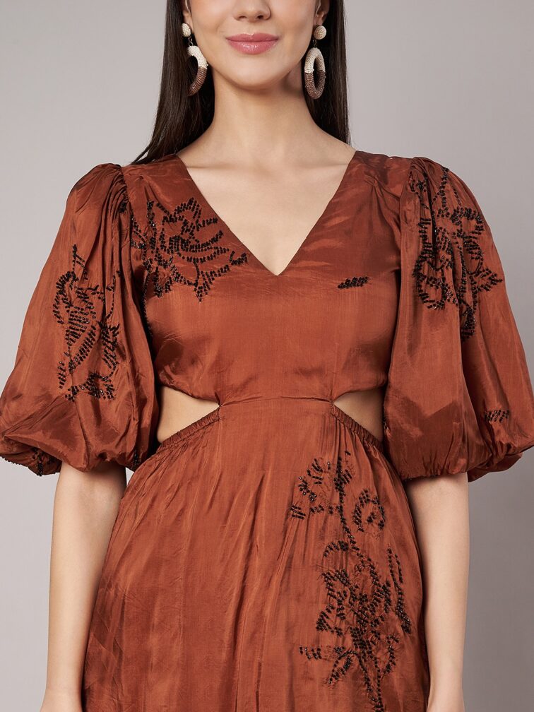Rust Embellished Cut-Out Mini Dress