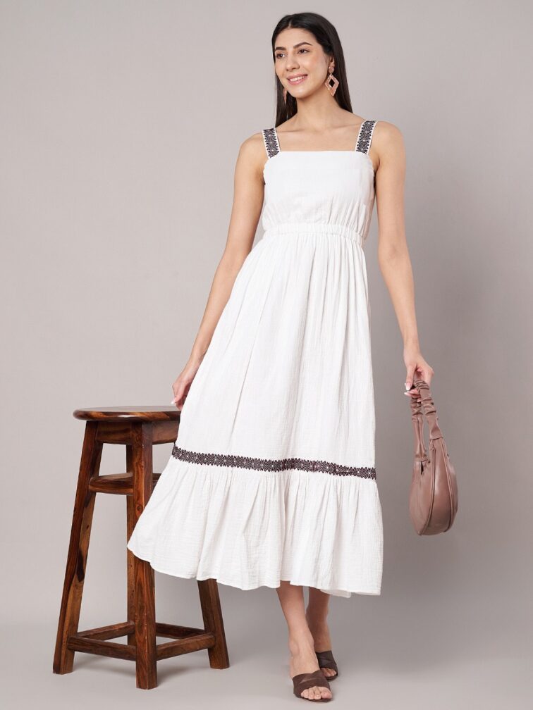 Women's White Cotton Fit & Flare Midi Dress