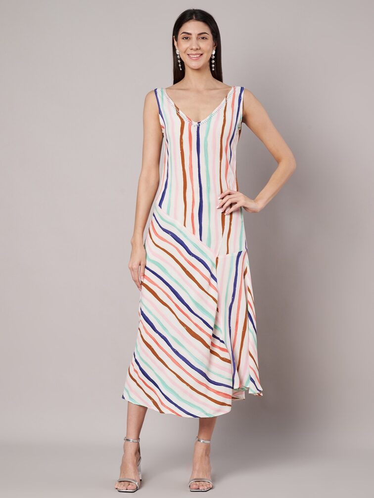 Women’s Stripe Multi-Color A-line Midi Dress