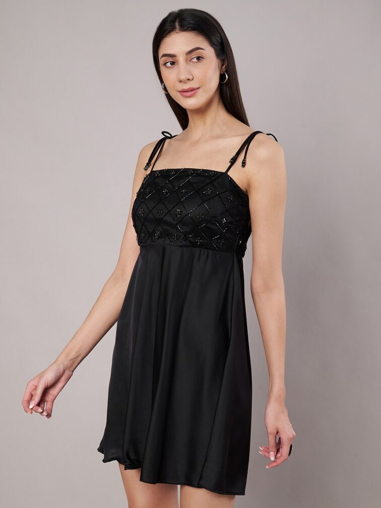 Women's Black A-Line Mini Dress With Embellishment