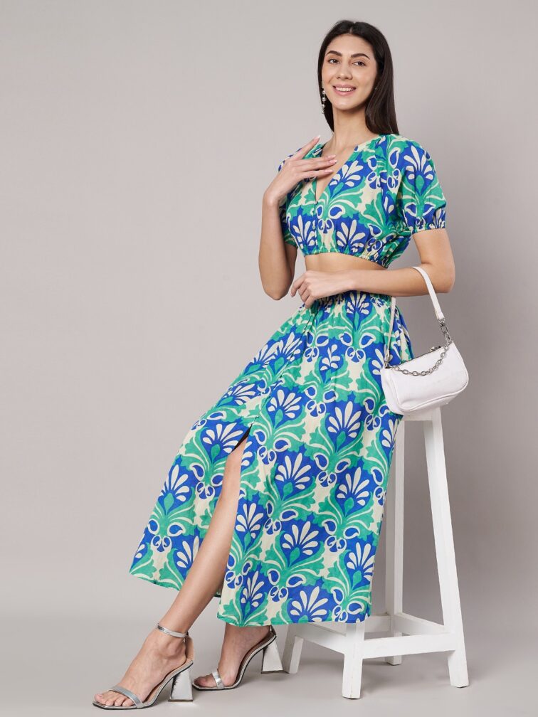 Women's The Floral Mandarin Collar Crop Top & Skirt Co-Ord